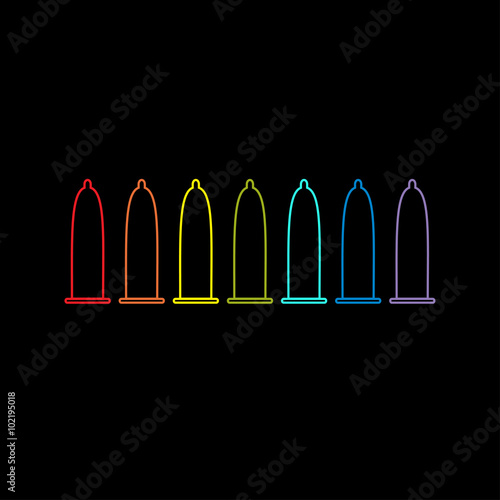 Condom rainbow line icon set. Protection. Black background. Flat design.
