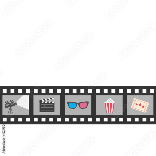 Film strip icon set. Popcorn, clapper board, 3D glasses, ticket, projector. Cinema movie night.  Isolated. White background. Flat design style.