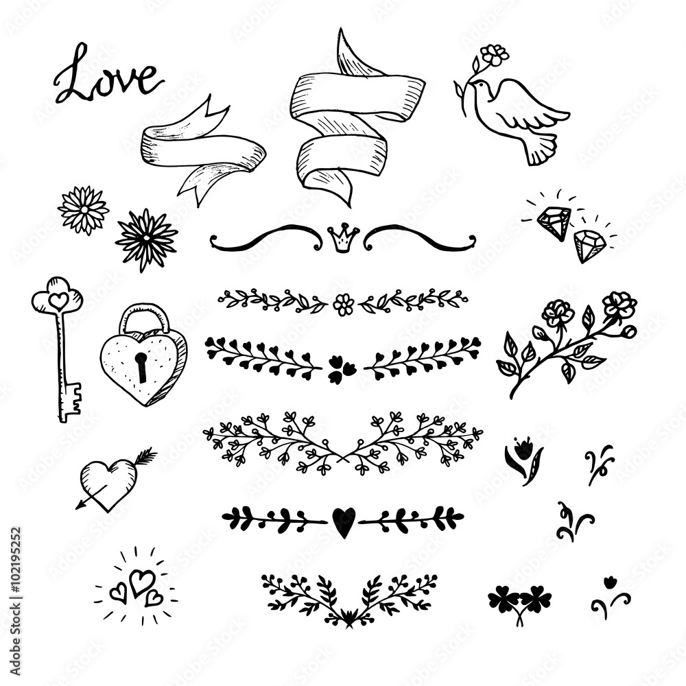 Wedding hand made graphic set flowers, ribbons and decorative elements.  Vector design elements decorations for wedding. Stock Vector | Adobe Stock