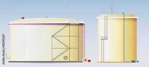 Crude oil storage tanks and a  water reservoir / Two vertical steel tanks of large volume