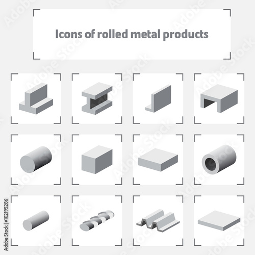 Icons of rolled metal products / Isometric icons of various kinds of metal products