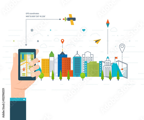 Vector illustration concept of  holding smart-phone with mobile navigation. 