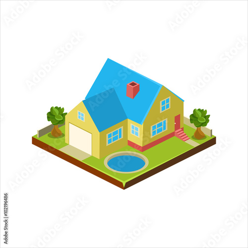 Isometric icon representing modern house with backyard