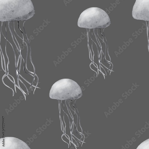 Vector seamless pattern for web design, prints etc. Repeating background with hand drawn jellyfish can be copied without any seams. Sea collection
