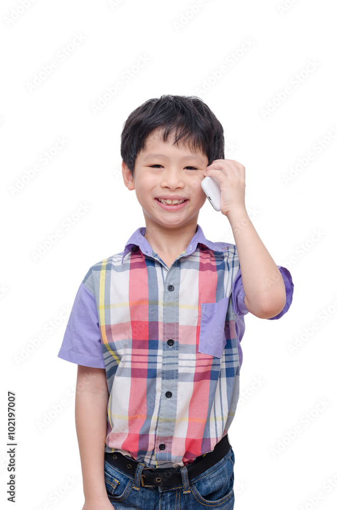 Young Asian boy calling by smart phone over white Young Asian boy calling by smart phone over white