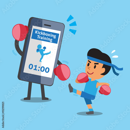 Cartoon smartphone helping a man to do kickboxing training