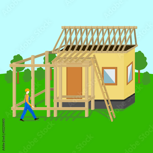 the Builder extends the house. the rafters on the roof, Board, ladder. house remodeling