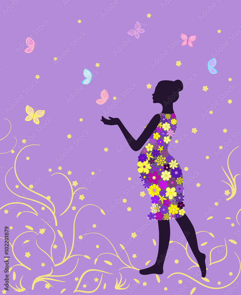 Pregnant woman in floral dress with butterflies on lavender background Pregnant woman in floral dress with butterflies on lavender background