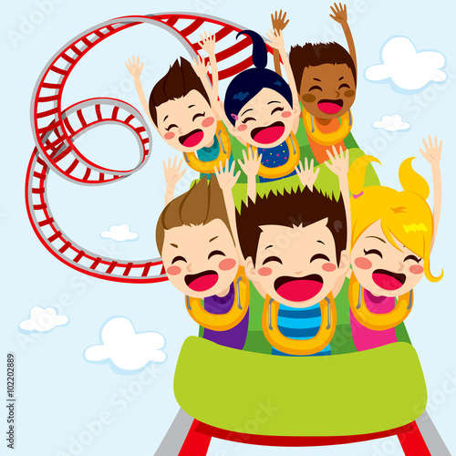 Happy children enjoy roller coaster ride screaming and having fun