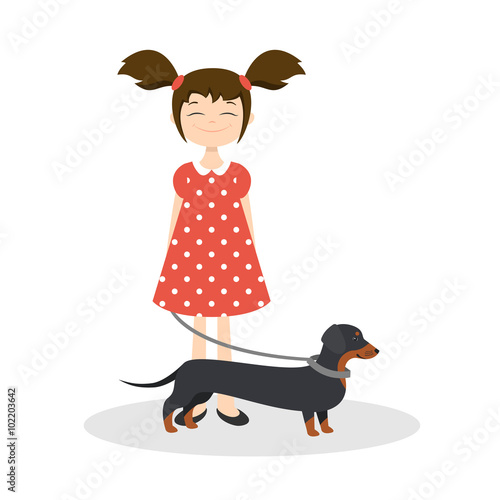 Vector illustration of happy smiling girl with her dachshund