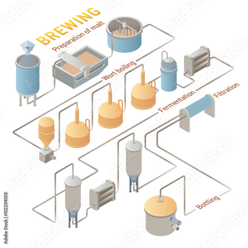 Isometric beer brewing process. Vector infographic
