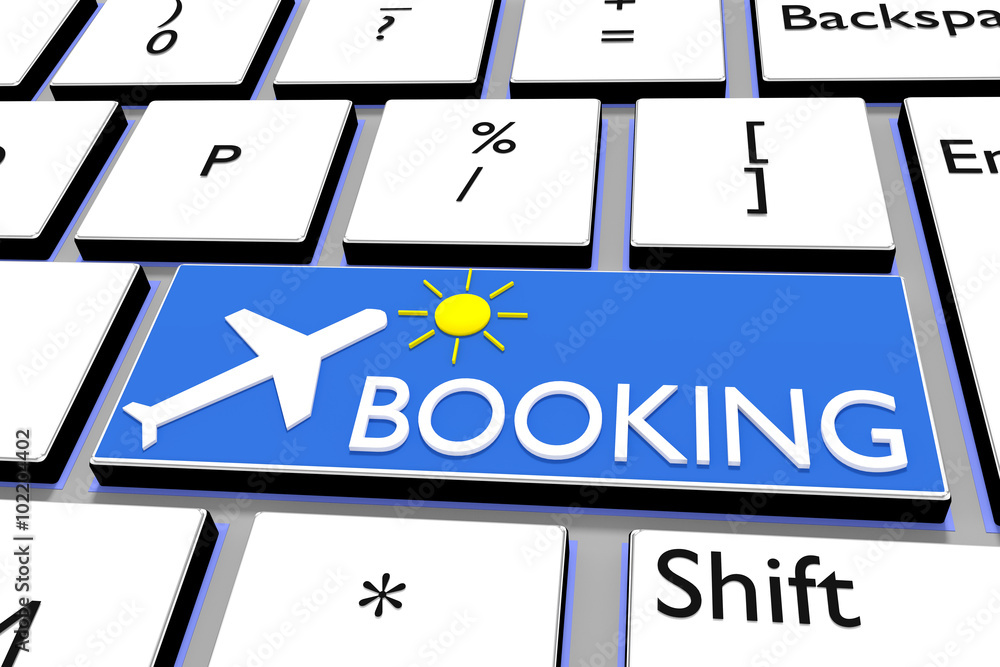 Fototapeta premium Computer keyboard with airplane symbol and lettering