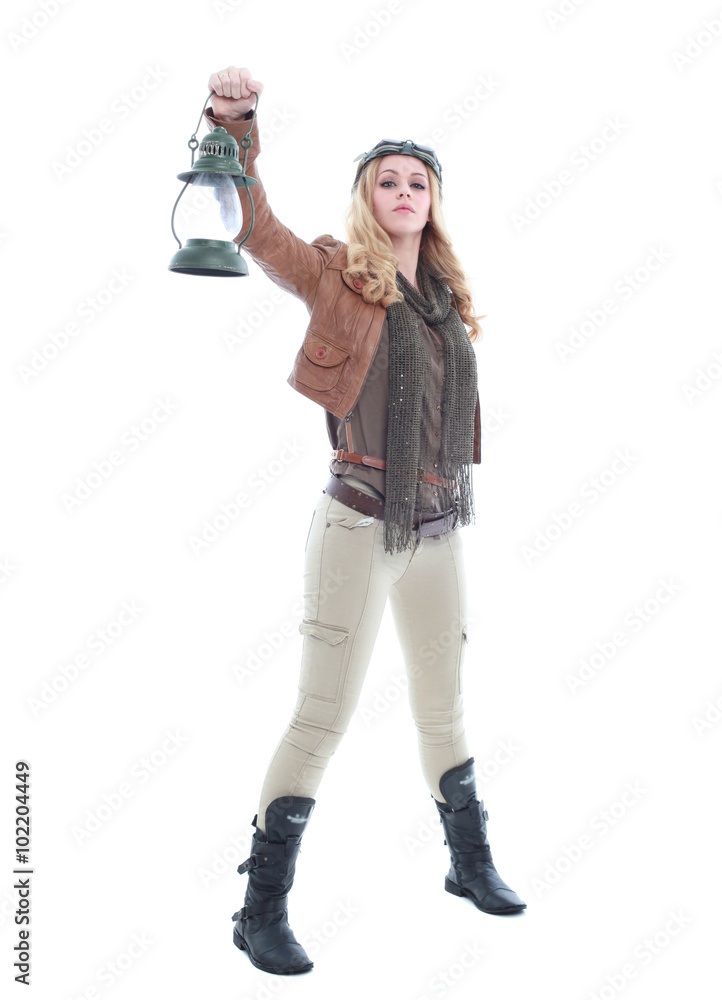 young blonde woman in a steampunk outfit, action hero pose. isolated on white background. young blonde woman in a steampunk outfit, action hero pose. isolated on white background.