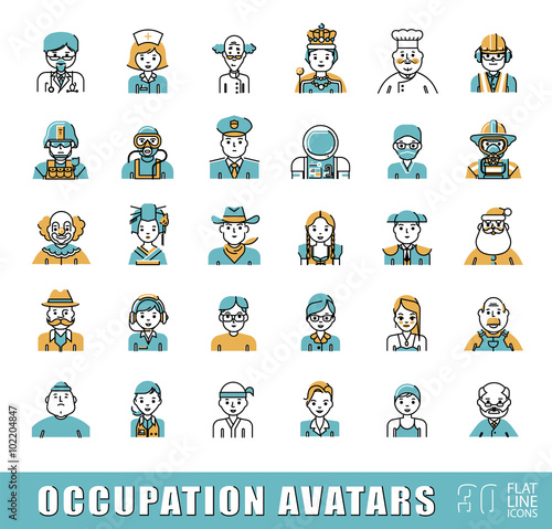 Collection of avatar icons related to professional occupation. Flat line set of occupation icons. Vector illustration.