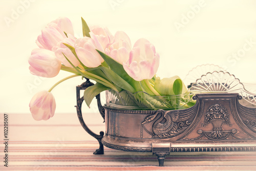Fototapeta Naklejka Na Ścianę i Meble -  Still life with pink tulip bouquet in a vintage vase