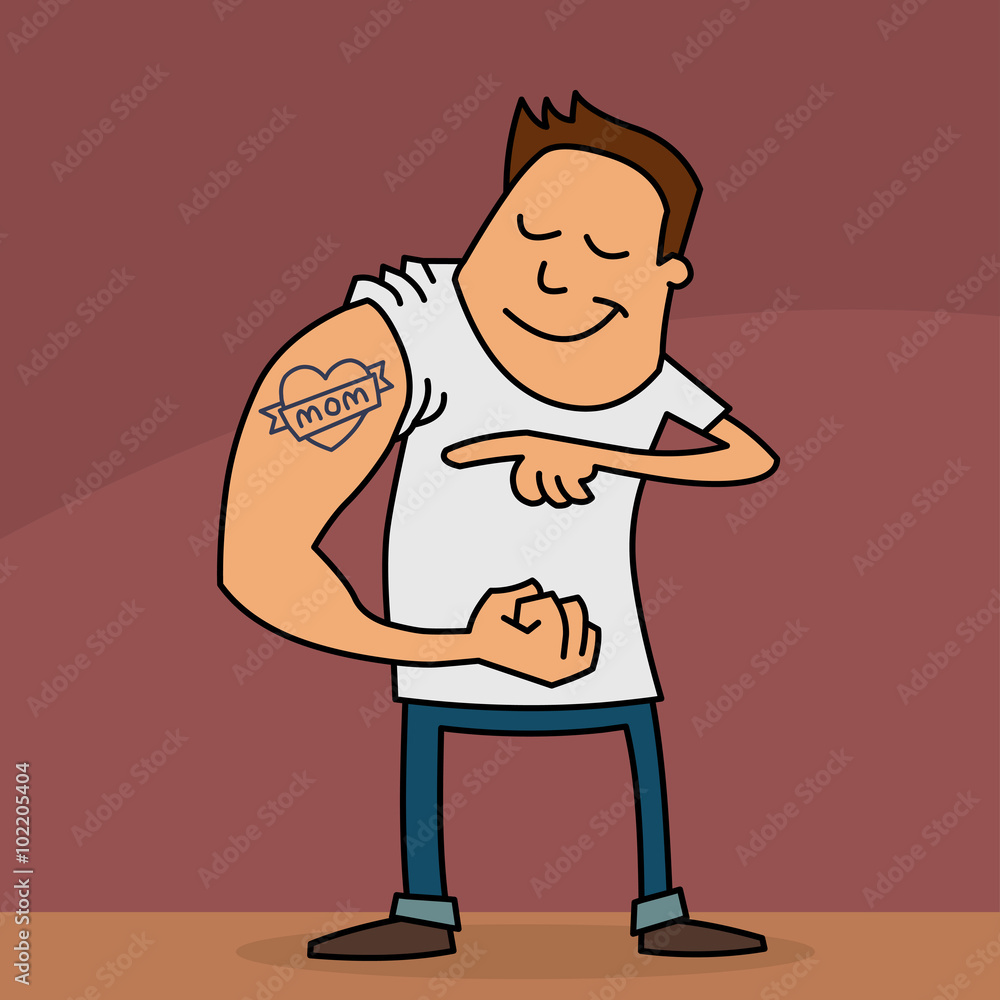 Funny cartoon of a young man showing his 'I love Mom' tattoo on his arm. Mothers Day card.