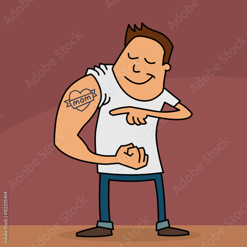 Funny cartoon of a young man showing his 'I love Mom' tattoo on his arm. Mothers Day card.