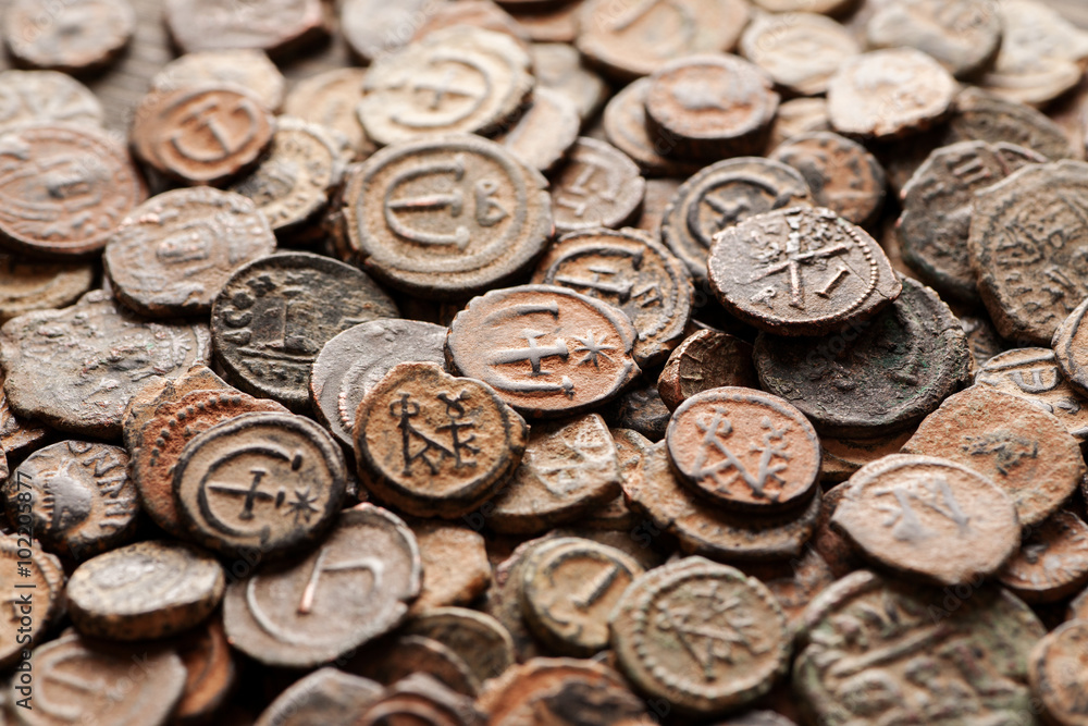 Pile of ancient Byzantine copper coins top view