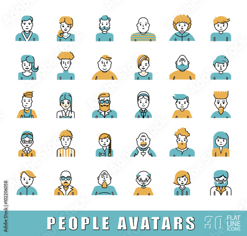 Collection of avatars related to various types of  people. Flat line set of people faces avatars. Vector illustration.