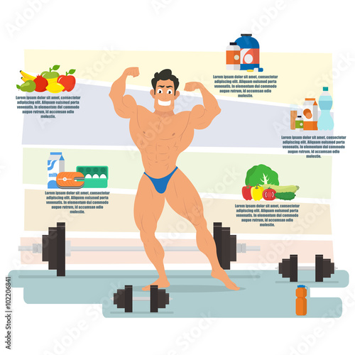 Bodybuilder man character. Muscle strong. concept of healthy lifestyle. Flat vector illustration