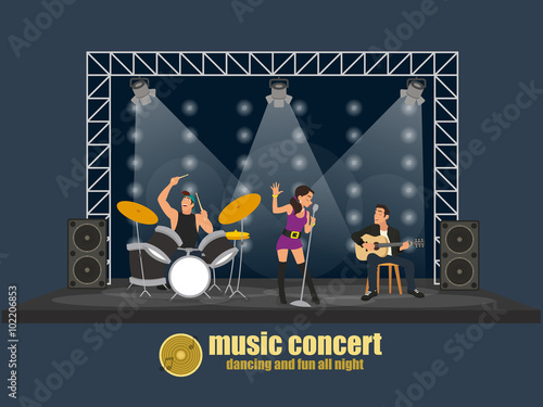 Rock music band pop professional scene concert. Group creative young people playing instruments impressive performance. vector illustration