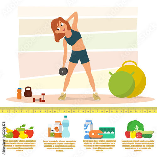 athletic girl doing gymnastics. icons of the sport lifestyle. Fitness woman, sport equipment, caring figure and diet icons. Health food. vector illustration.
