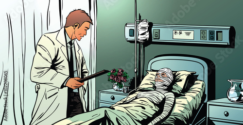 A doctor talking to a female patient lying in hospital