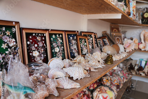 Many handmade souvenirs of shells
