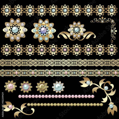 Golden lace ribbon and buttons with pearls on black