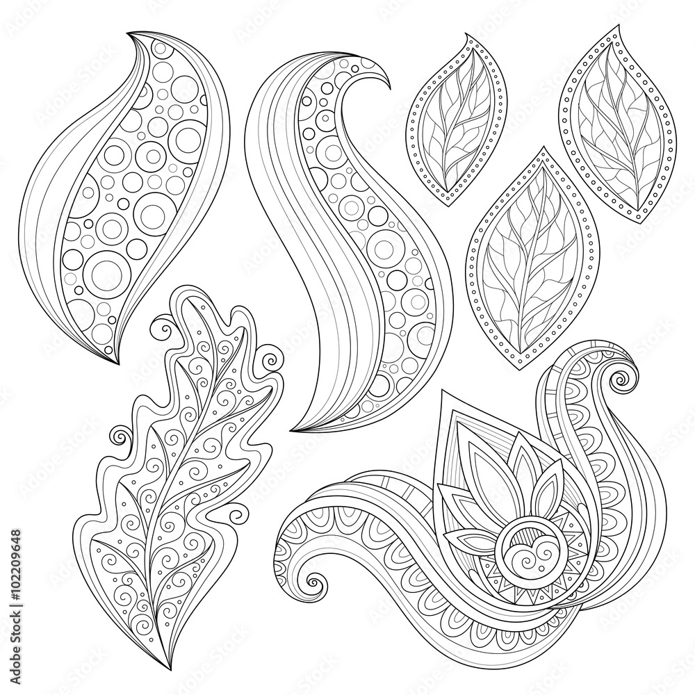 Vector Set of Monochrome Contour Flowers and Leaves