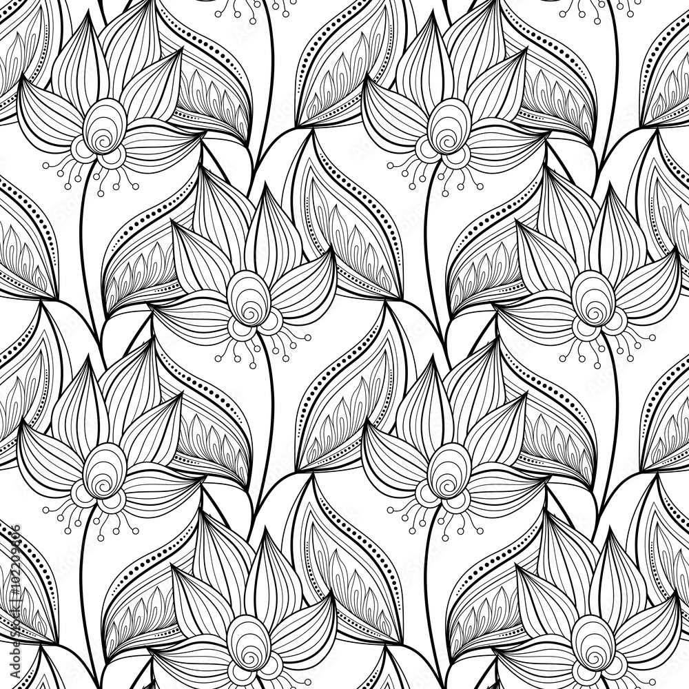 Obraz premium Vector Seamless Monochrome Floral Pattern