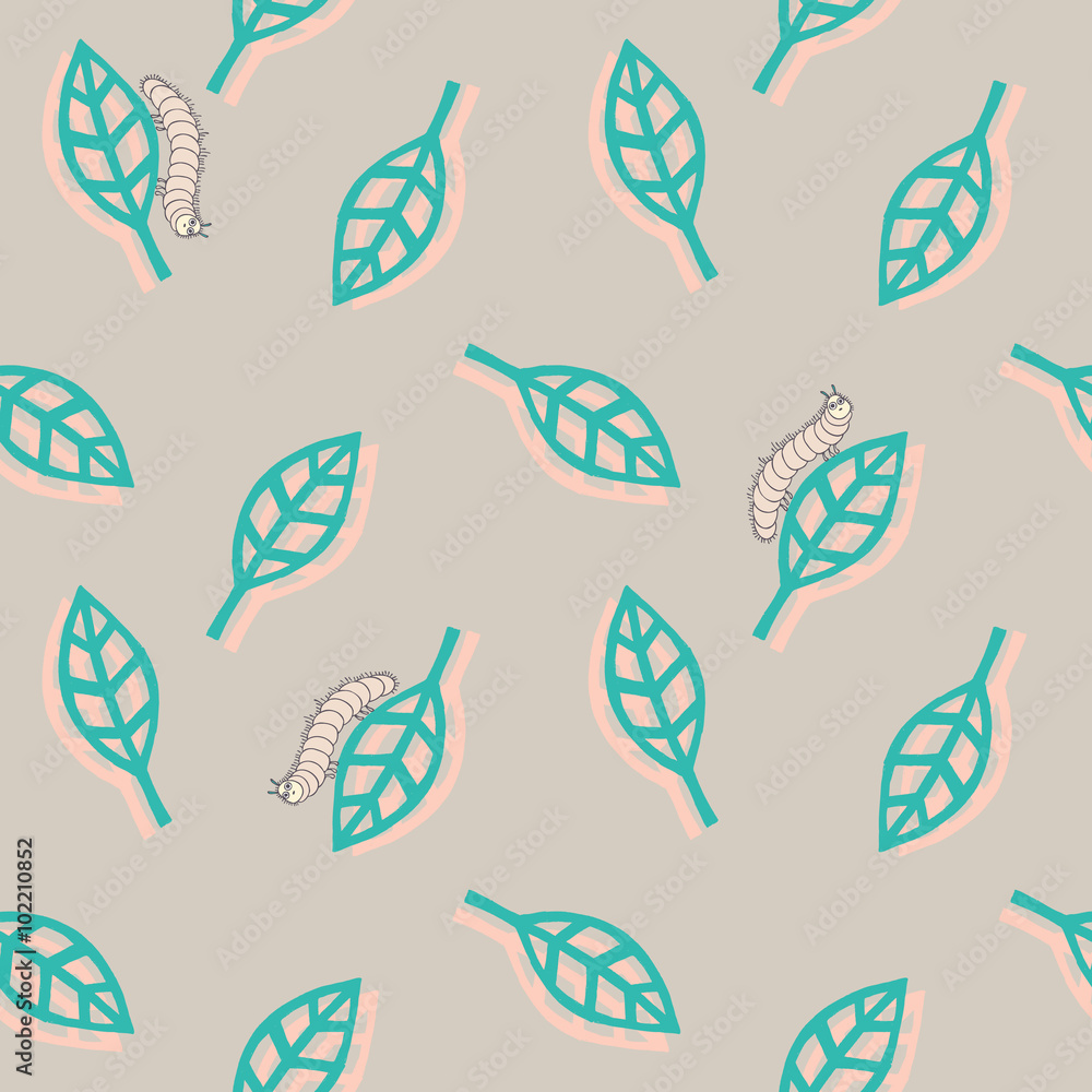 vector pattern of turquoise leafs and caterpillars on gray back vector pattern of turquoise leafs and caterpillars on gray back