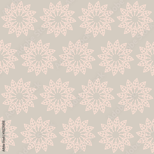 vector pattern of pink leafs arranged in circles, on gray backgr