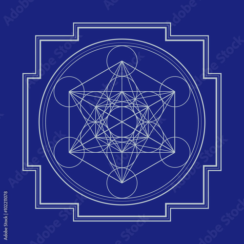 monocrome outline metatron cube yantra illustration.