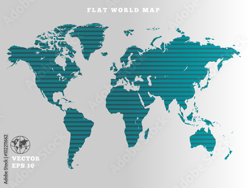 World map. Striped turquoise map silhouette on gray background. Sunrise theme design. Vector isolated