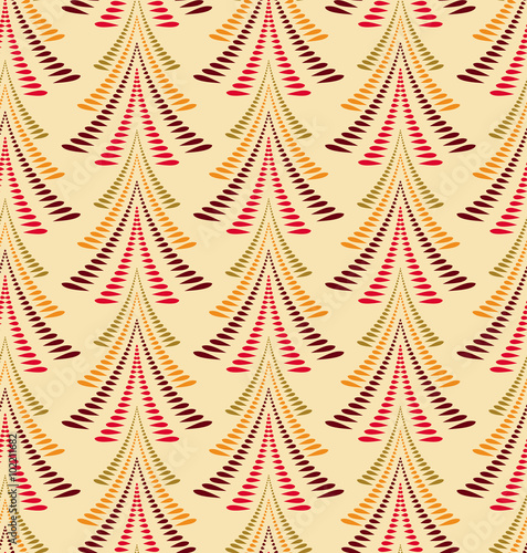 Seamless Christmas pattern. Stylized ornament of trees, firs on light background. Twist silhouettes with laurel leaves. Winter, New Year, nature theme texture. Red, brown, yellow colors. Vector 
