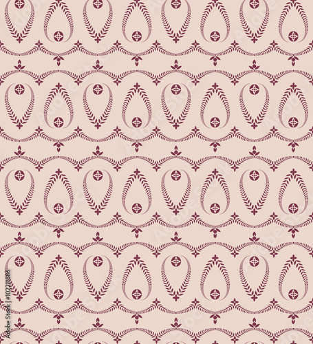 Religion seamless pattern. Laurel wreath, lace view texture with cross. Ceremonial, funeral background. Swirl stylized ornament. Vinous, rose contrast colored. Vector 