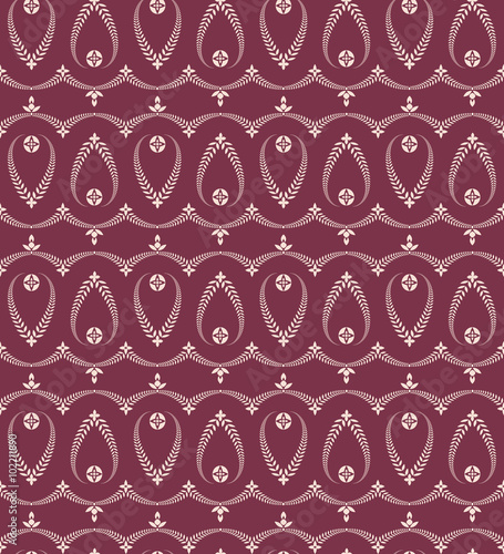 Religion seamless pattern. Laurel wreath, lace view texture with cross. Ceremonial, funeral background. Swirl stylized ornament. Vinous, rose contrast colored. Vector 