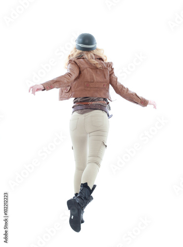 young blonde woman in a steampunk outfit, action hero pose. isolated on white background.