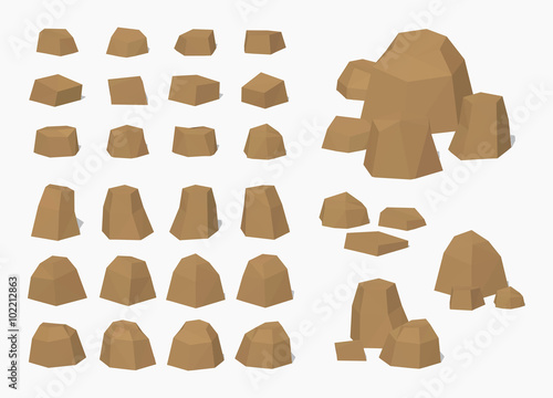 Brown rocks and stones. 3D lowpoly isometric vector illustration. The set of objects isolated against the white background and shown from different sides