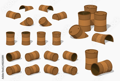 Old rusty barrels. 3D lowpoly isometric vector illustration. The set of objects isolated against the white background and shown from different sides