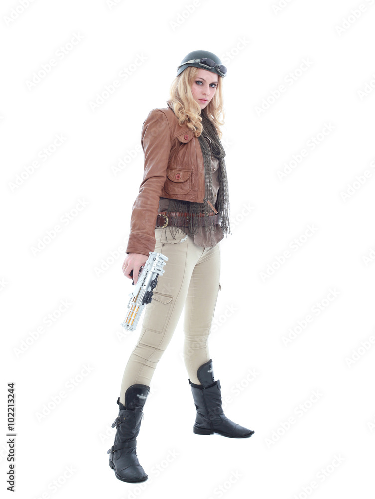 young blonde woman in a steampunk outfit, action hero pose. isolated on white background. young blonde woman in a steampunk outfit, action hero pose. isolated on white background.