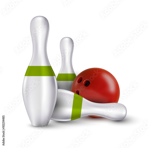 Ball and pins of bowling. Vector realistic skittles with ball is