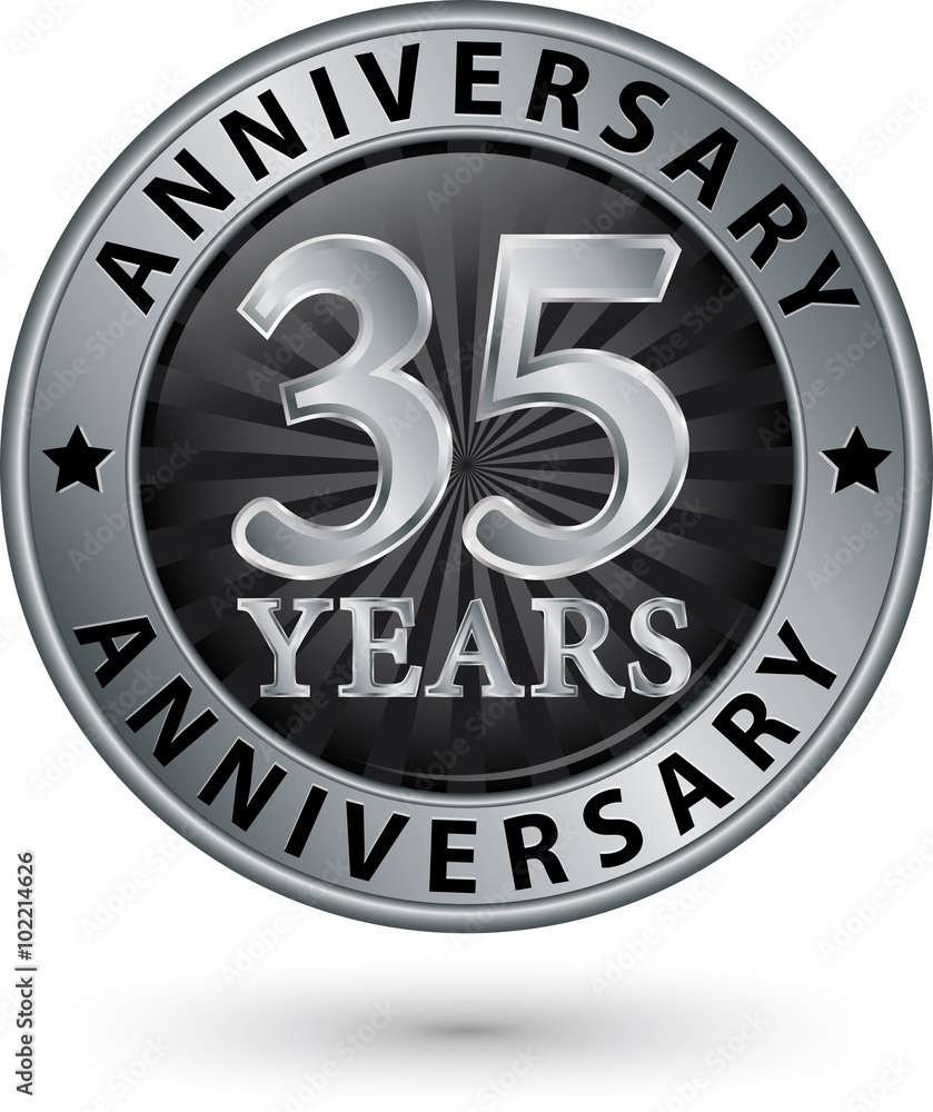 35 years anniversary silver label, vector illustration