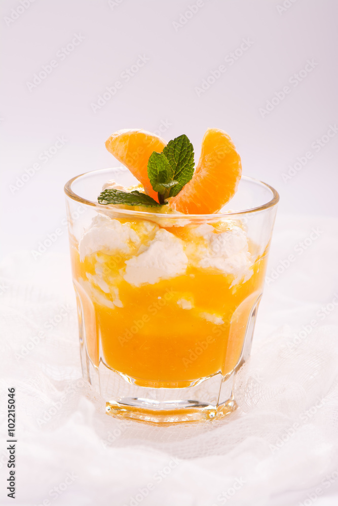 Layered panna cotta with whipped cream and tangerine sauce. Selective focus Layered panna cotta with whipped cream and tangerine sauce. Selective focus