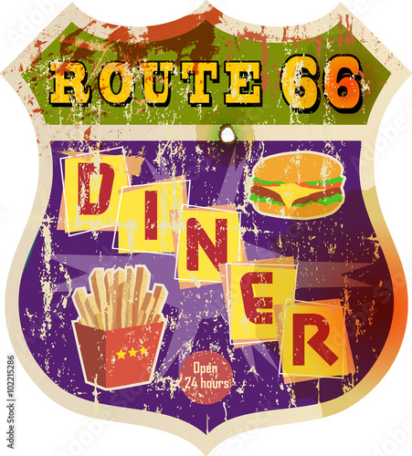 Canvas Print vintage route 66 diner sign, retro style, vector illustration