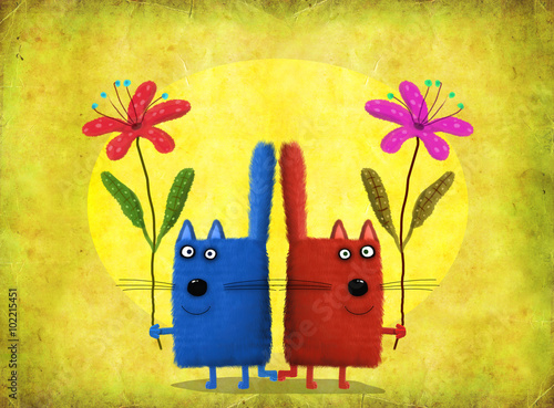Cats-Twins Holding Flowers On Yellow Background