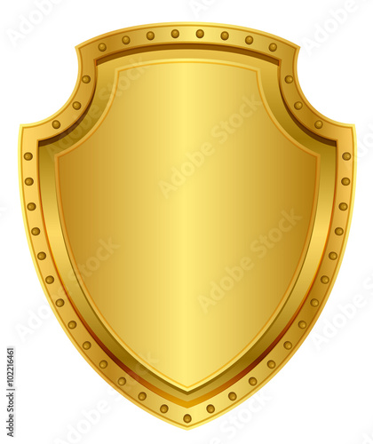 Empty gold shield. Blank metal badge with rivets