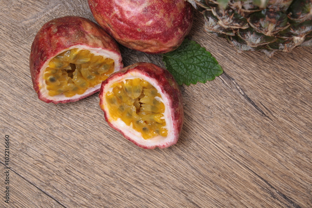 Exotic fruits on a wooden table