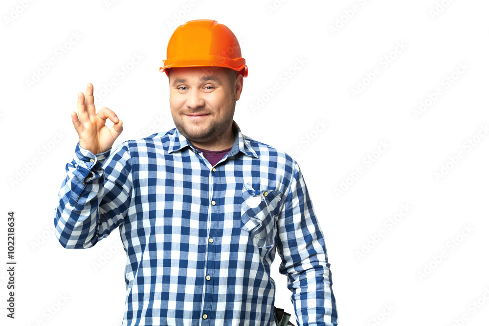 Portrait of construction builder isolated on white. Portrait of construction builder isolated on white.